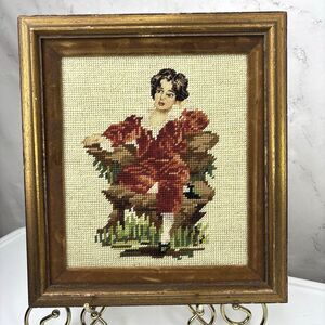 Vtg MCM Wood Framed Needlepoint Art Velvet Border Gold Gilded Regency Portrait